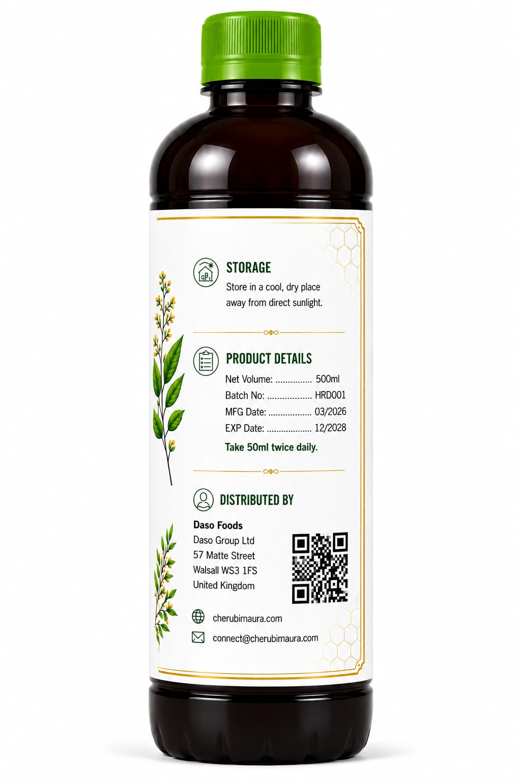 A dark amber bottle with a bright green cap and a white label showing the back side, including storage and product details, on a white background.