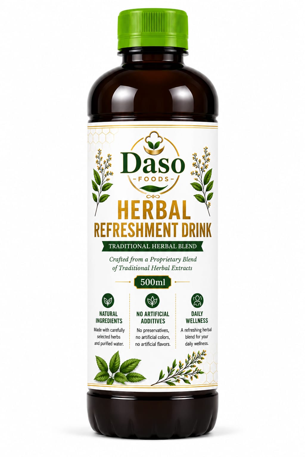 A 500ml bottle of Daso Foods Herbal Refreshment Drink, featuring a dark amber brown bottle, a bright green cap, and a white label with green and gold text and botanical illustrations.