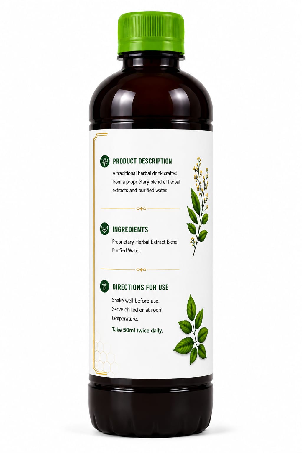 A dark amber glass bottle with a bright green cap and a white label featuring green botanical illustrations and text, shown on a plain white background.