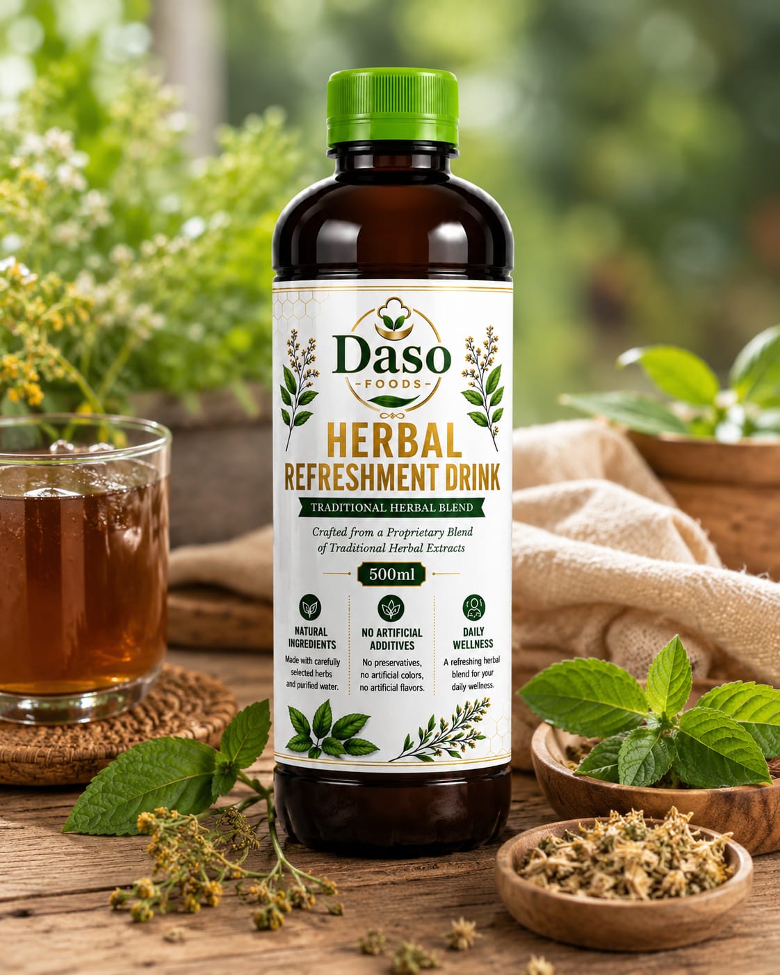 A 500ml bottle of Daso Herbs Herbal Refreshment Drink, styled on a rustic wooden table with a glass of iced tea, fresh mint, dried herbs, and a soft-focus green garden background.