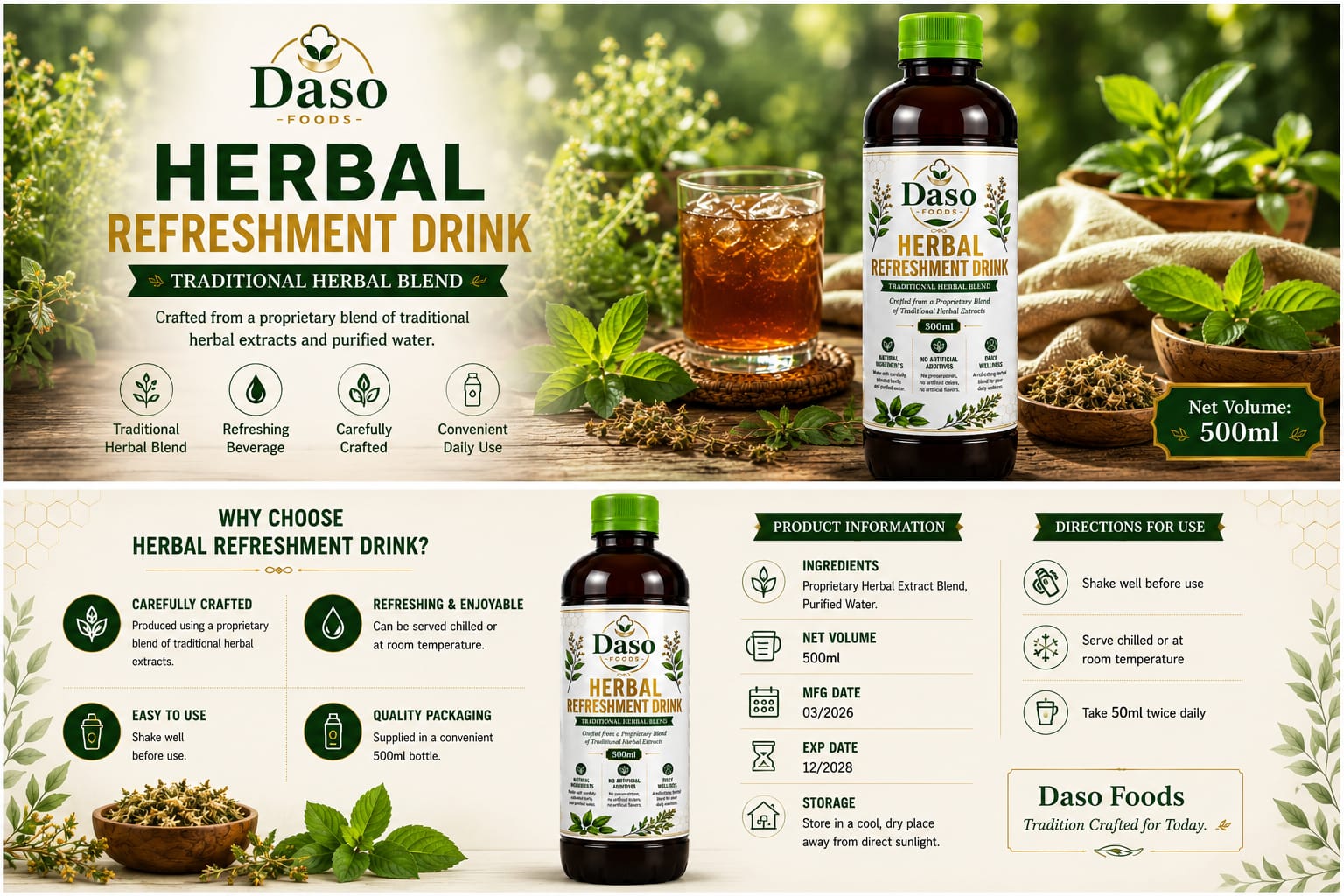 A promotional graphic for Daso Foods Herbal Refreshment Drink, showing the 500ml bottle, a glass of iced drink, herbs, and text detailing product features, ingredients, and directions on a light beige background.