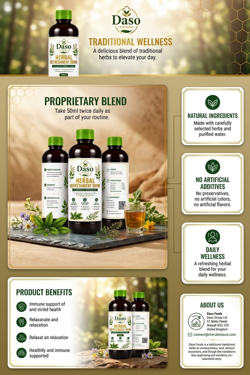 A promotional infographic for Daso Herbal Resurrection liquid tincture, showing multiple dark amber bottles with green caps and white labels, alongside benefit callouts, ingredient claims, and an 'About Us' section on a warm beige background.