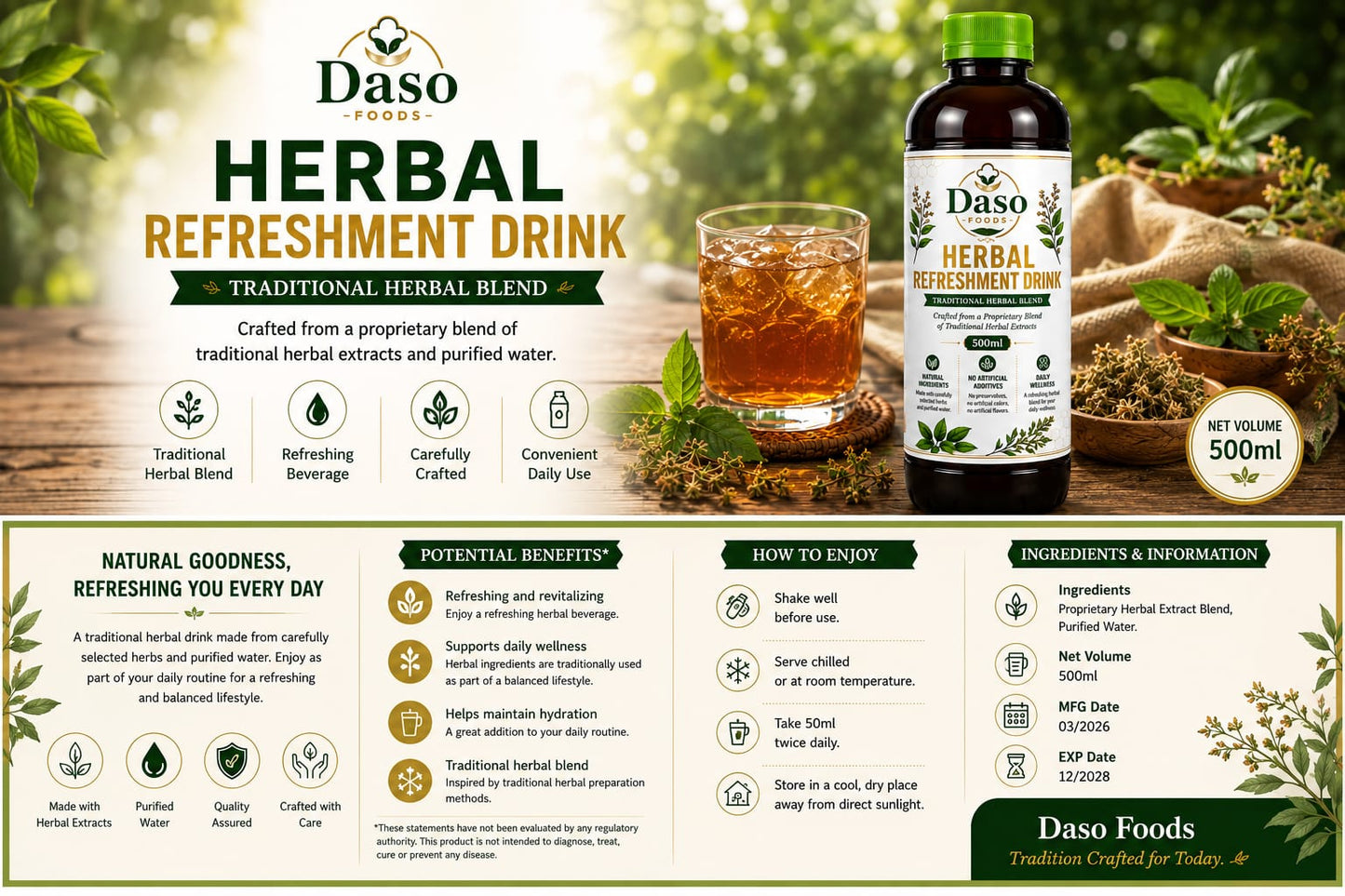 Daso Herbal Refreshment Drink bottle and glass on a styled herbal-themed background with informational text panels below. The bottle is dark brown glass with a green cap and label, and the glass shows the drink inside.