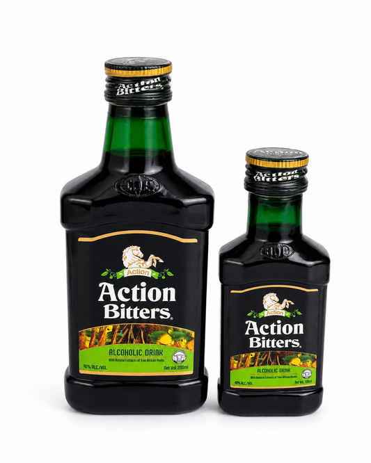 Two bottles of Action Bitters alcoholic drink, one large and one small, both in dark glass with green necks and black caps, on a white background.
