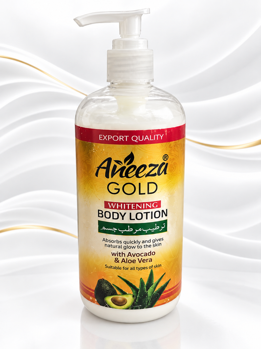A bottle of Areeza Gold Whitening Body Lotion with a pump dispenser, set against a white background with elegant gold and silver wavy lines.