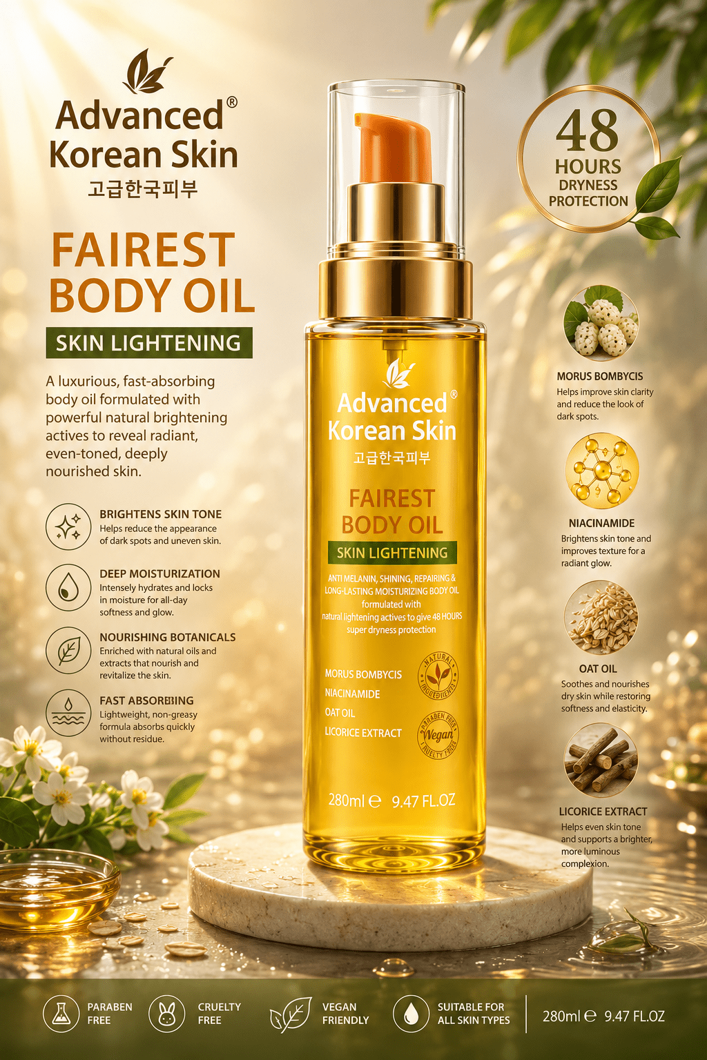 Advanced Korean Skin Fairest Body Oil with Niacinamide | Nourishing Moisturising Body Oil | 280ml - Skincare - Cherubim Aura