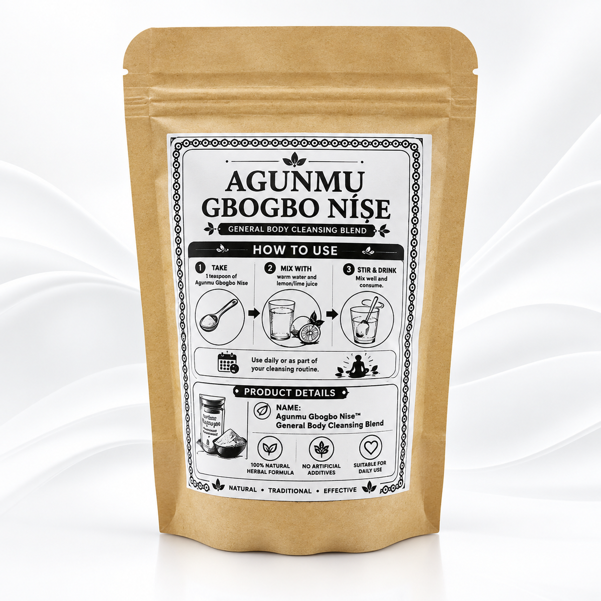 A stand-up kraft paper pouch of Agunmu Gbogbo Nise general body cleansing beans, featuring a large white instructional label with step-by-step usage instructions.