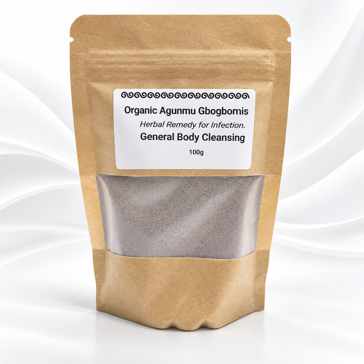 A stand-up kraft paper pouch with a clear window showing a gray herbal powder, labeled 'Organic Agunmu Gbogbomis' on a white label, set against a white background with soft gray wave patterns.