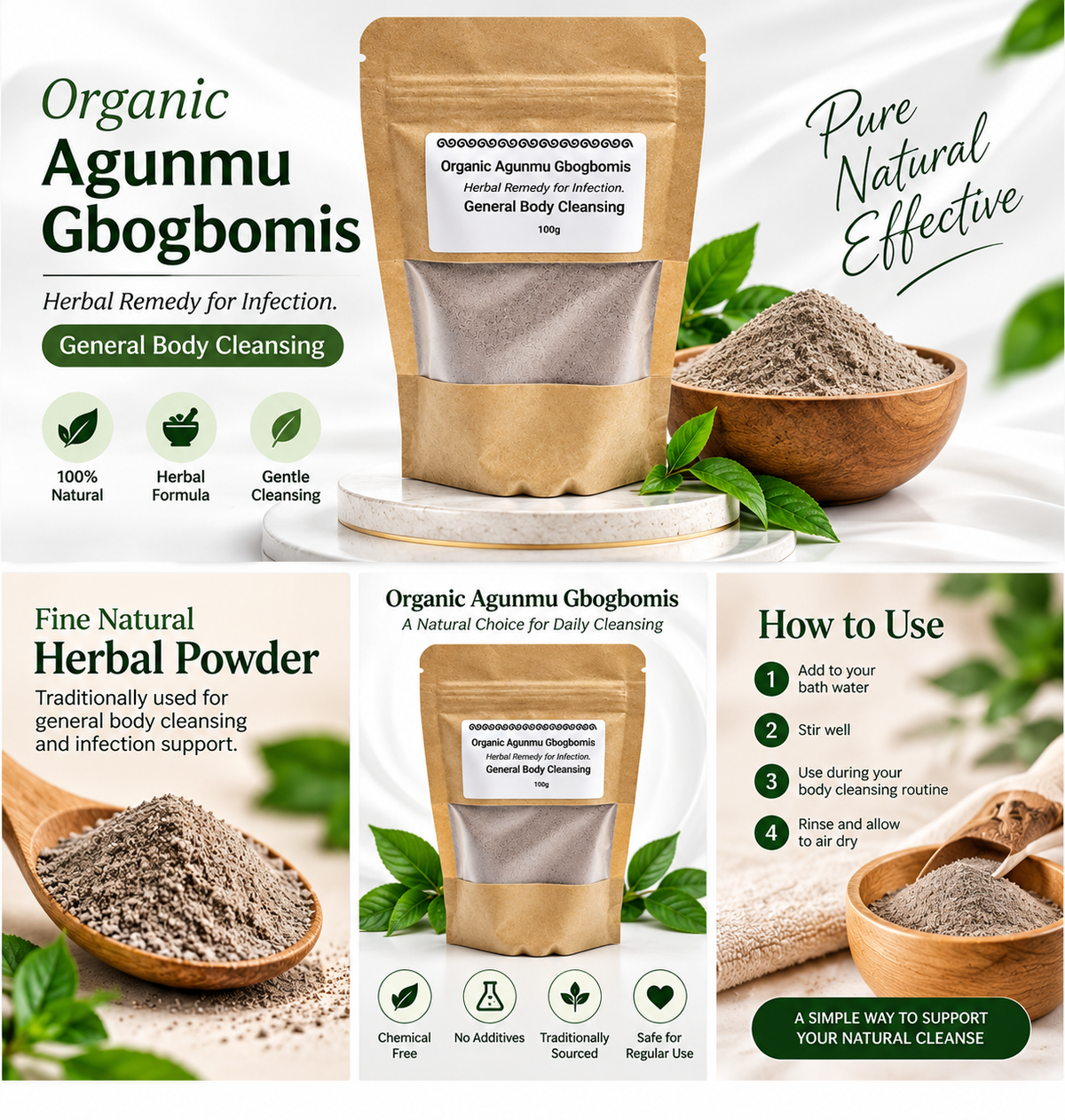Organic Agunmu Gbgbobomis herbal body cleansing powder shown in a kraft stand-up pouch with bowls of the loose herbal powder, plus informational panels on how to use and product benefits.