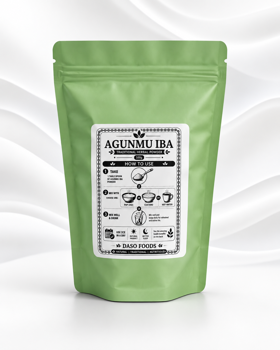 A light green stand-up pouch of Agunmu Iba herbal tea by Iaso Foods, featuring a white instructional label on the front, set against a white background with soft wavy shadows.