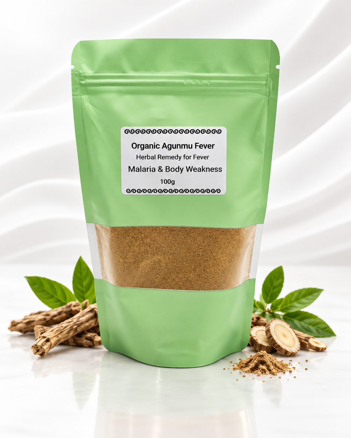 A light green stand-up pouch labeled 'Organic Agunmu Fever Herbal Remedy for Fever Malaria & Body Weakness 100g' filled with brown powder, shown on a white background with herbal ingredients like roots and leaves arranged around the base.
