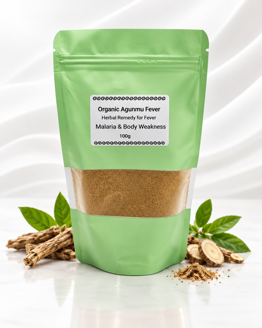 A light green stand-up pouch labeled 'Organic Agunmu Fever Herbal Remedy for Fever Malaria & Body Weakness 100g' filled with brown powder, shown on a white background with herbal ingredients like roots and leaves arranged around the base.