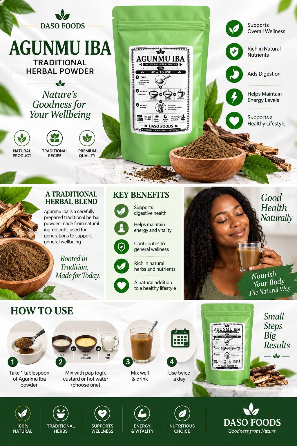 A promotional infographic for Daso Foods Agunmu Iba Traditional Herbal Powder. The layout features a large green stand-up pouch of the product, bowls of loose herbal powder, and a smiling woman on the right side.