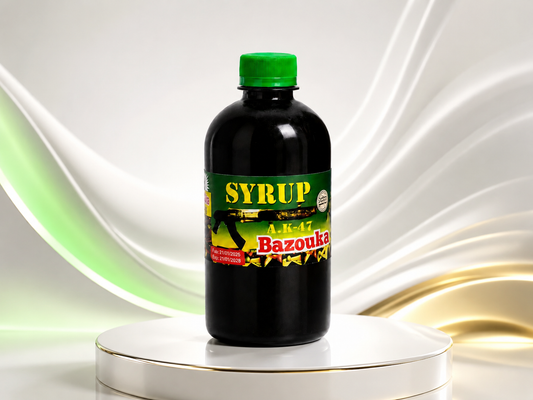 A bottle of Syrup with the brand name Bazouka, featuring a green cap and a black bottle, displayed on a white pedestal with a stylized white and gold background.