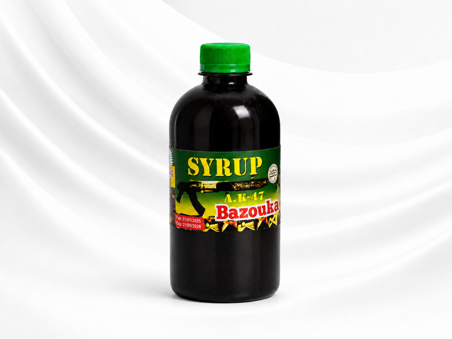 A bottle of A.47 Bazouka syrup with a green cap and a green and yellow label, set against a white background with soft wavy lines.