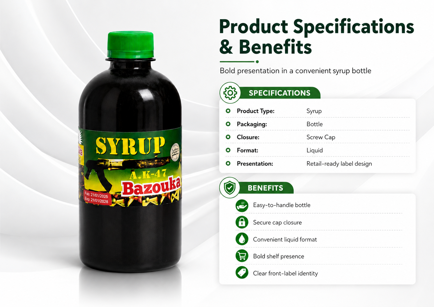 A bottle of Bazouka Light Syrup shown next to a product specifications and benefits infographic on a white background with subtle gray wave patterns.