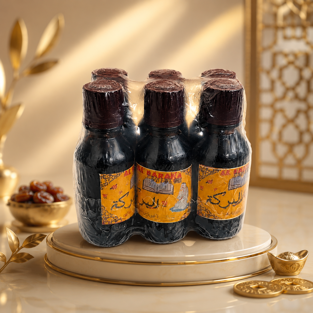 Six dark glass bottles of Arabic herbal syrup in a shrink-wrapped 6-pack, displayed on a round white and gold pedestal with decorative gold props in a warm, elegant setting.