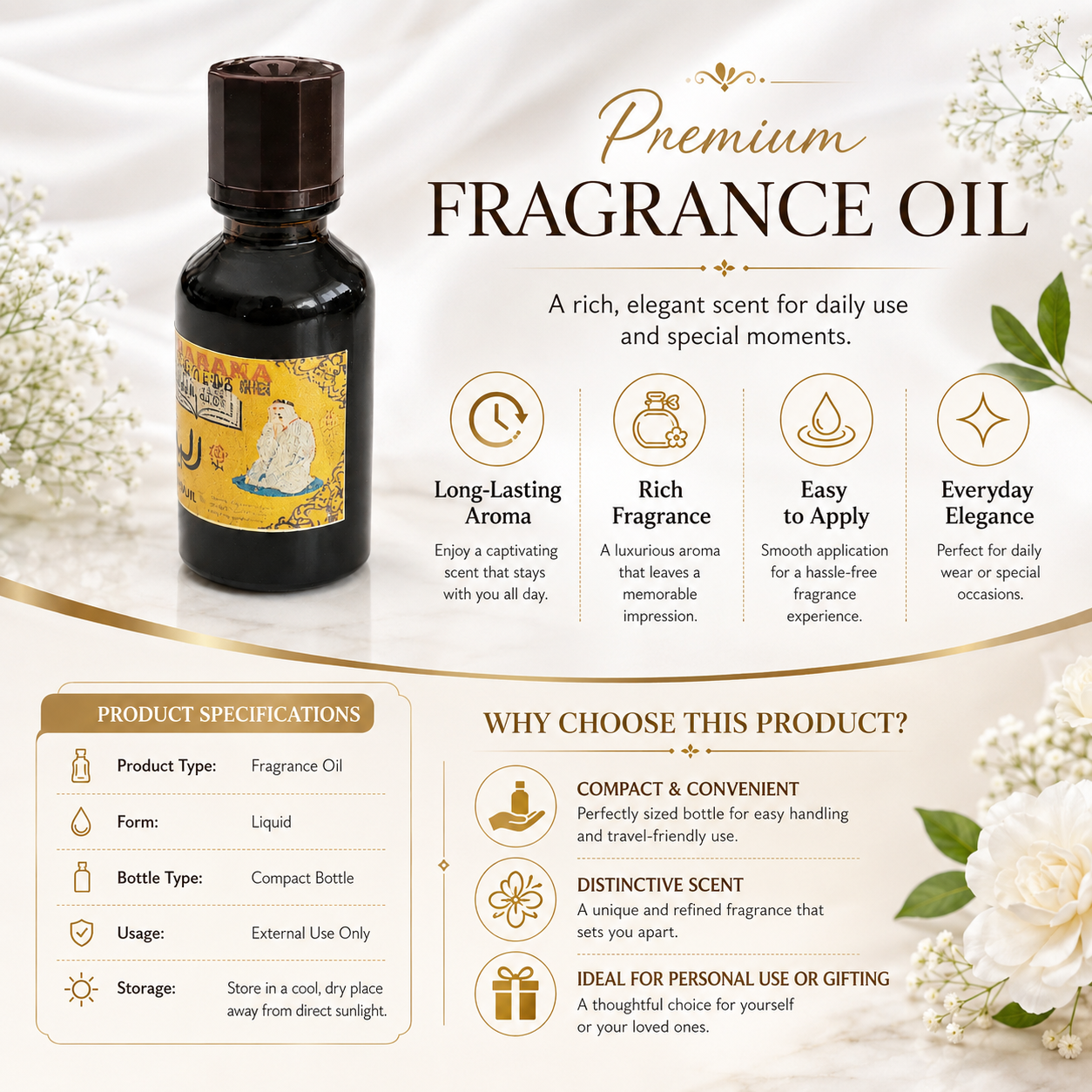 A promotional graphic for a premium fragrance oil bottle. The dark amber glass bottle with a black cap and a yellow label is shown on a cream background decorated with white flowers and green leaves.
