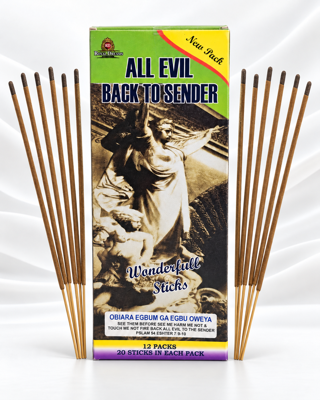 A box of Obiara Egbum Ga Egbu Oweya incense sticks, labeled 'All Evil Back to Sender' and 'New Pack', with twelve wooden incense sticks fanned out on either side against a white draped background.