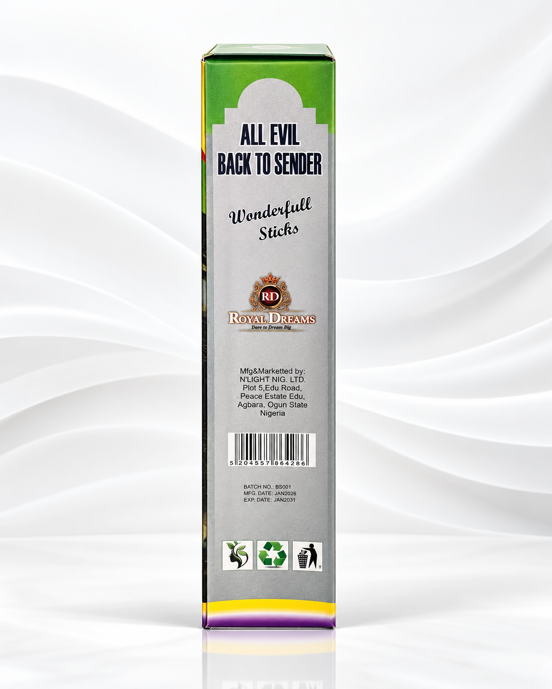 A tall rectangular product box standing upright on a white background with soft wave-like shadows. The box is mostly white/silver with green at the top, black text reading 'ALL EVIL BACK TO SENDER' and 'Wonderful Sticks,' plus a visible 'Royal Defence' logo and small colored icons near the bottom.