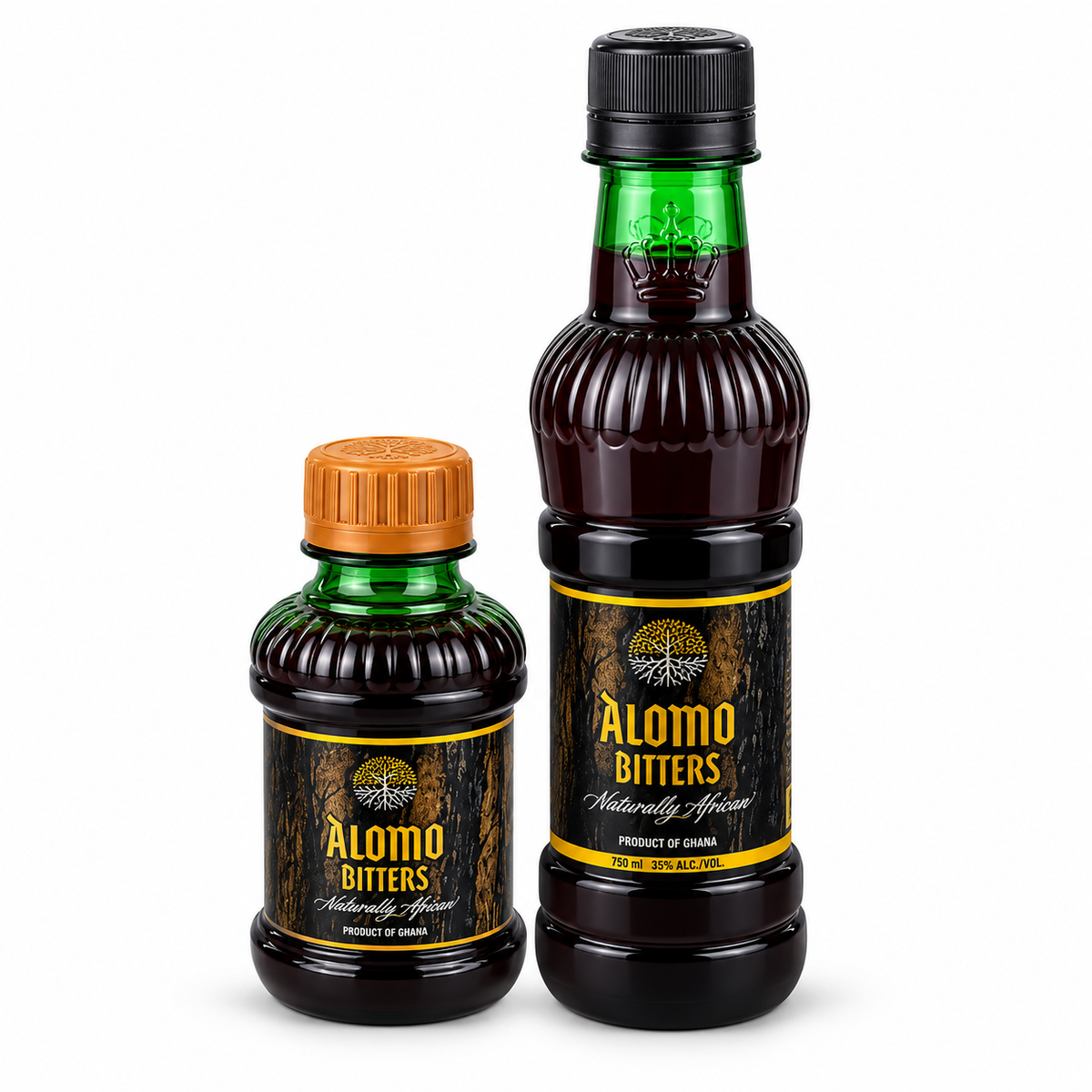 Two bottles of Alomo Bitters, one small and one large, shown on a clean white background. The bottles contain a very dark brown liquid, with the larger bottle featuring a green neck and the smaller one a green body.