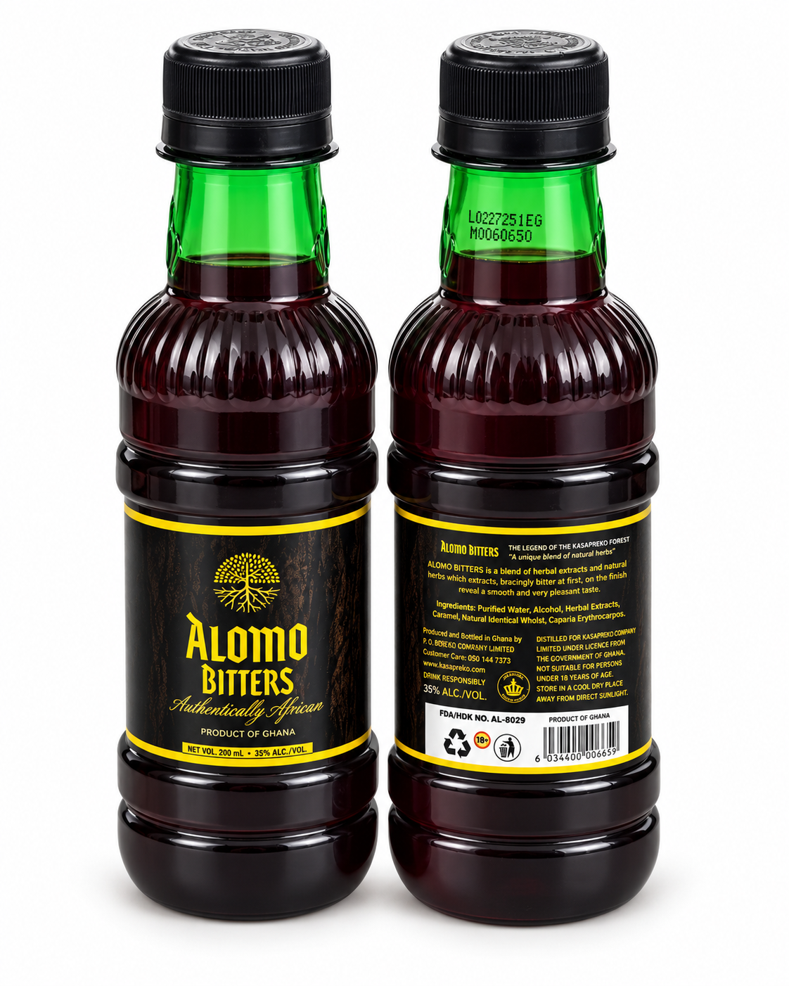 Two bottles of Alomo Bitters shown side by side on a white background, displaying the front label and the back label of the product.