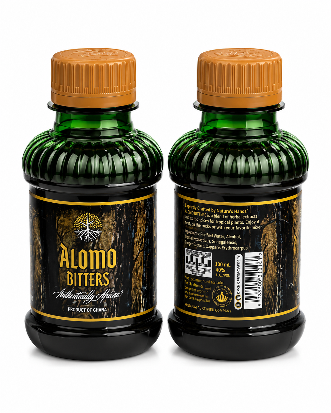 Two dark green glass bottles of Alomo Bitters with orange caps, showing both the front and back labels against a white background.