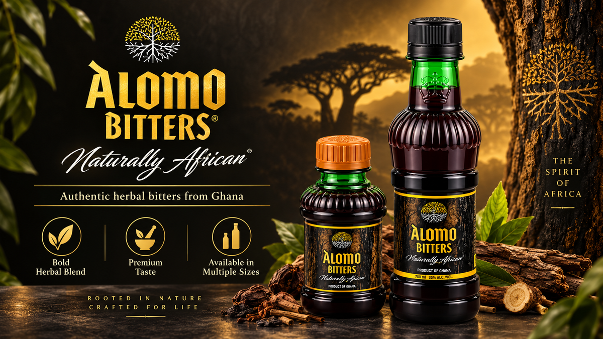 Two bottles of Alomo Bitters Naturally African herbal syrup displayed on a rustic wooden surface with tree bark and leaves. The image includes a branded graphic overlay on the left with product details and a warm African savanna background.
