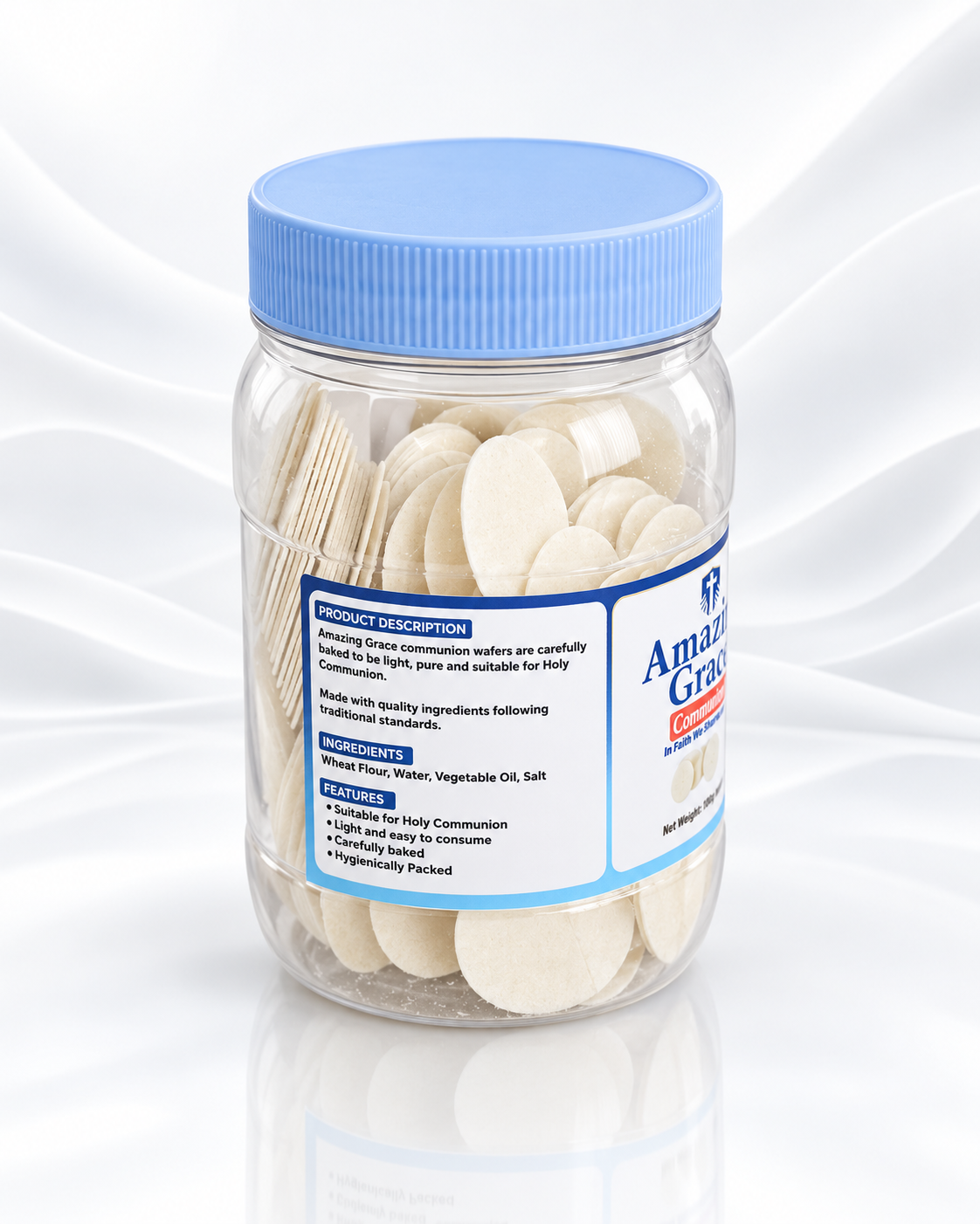 A clear plastic jar of Amazon Grace Ayurvedic Tooth Powder with a light blue screw-on lid, filled with white tooth powder and wooden tooth picks, set against a white background with soft wave patterns.