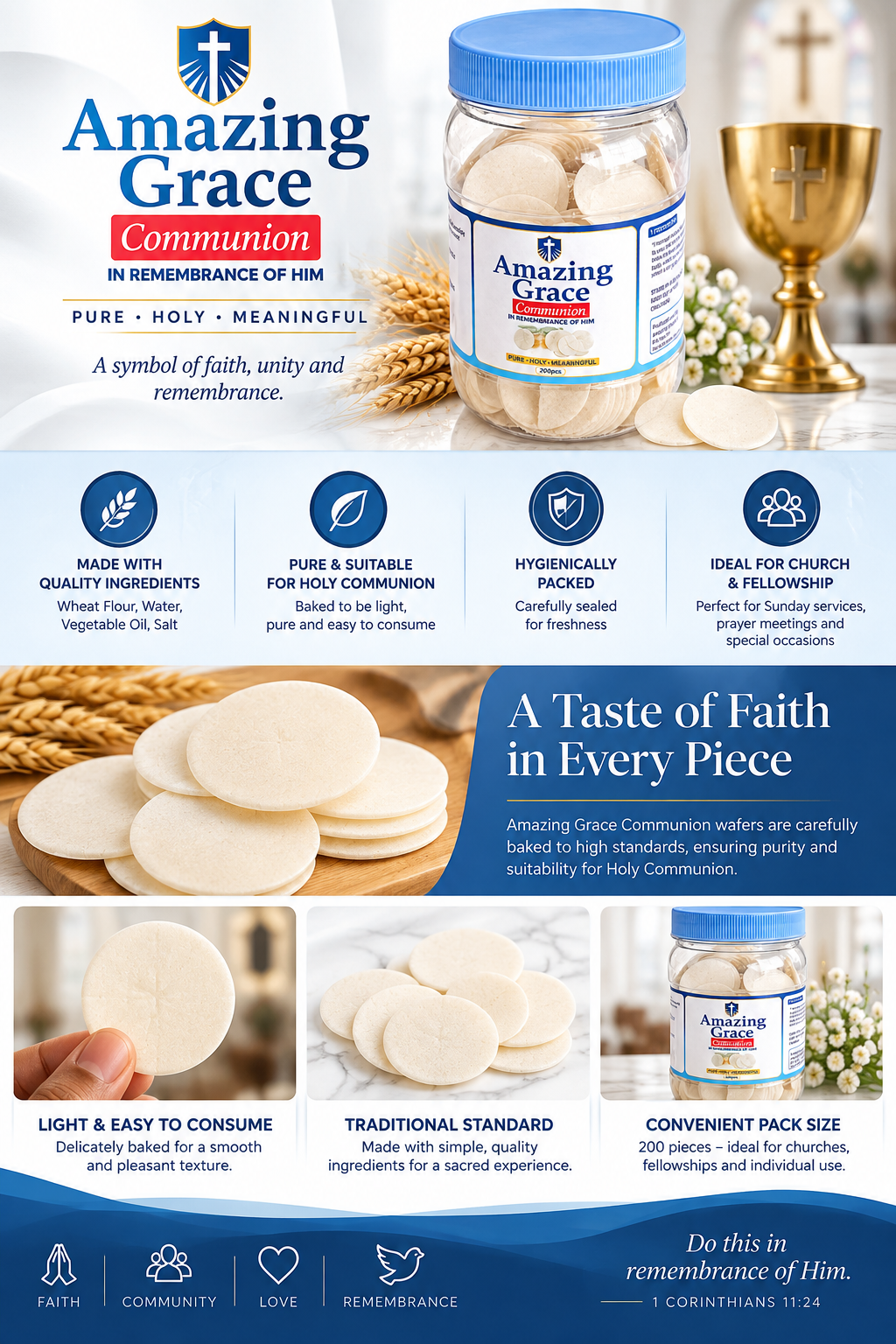 A promotional product graphic for Amazing Grace Communion bread. The image features a jar of the bread, close-up shots of the round white bread slices, and several text banners detailing product features like 'Made with Quality Ingredients', 'Hygienically Sealed', and 'Traditional Standard'.
