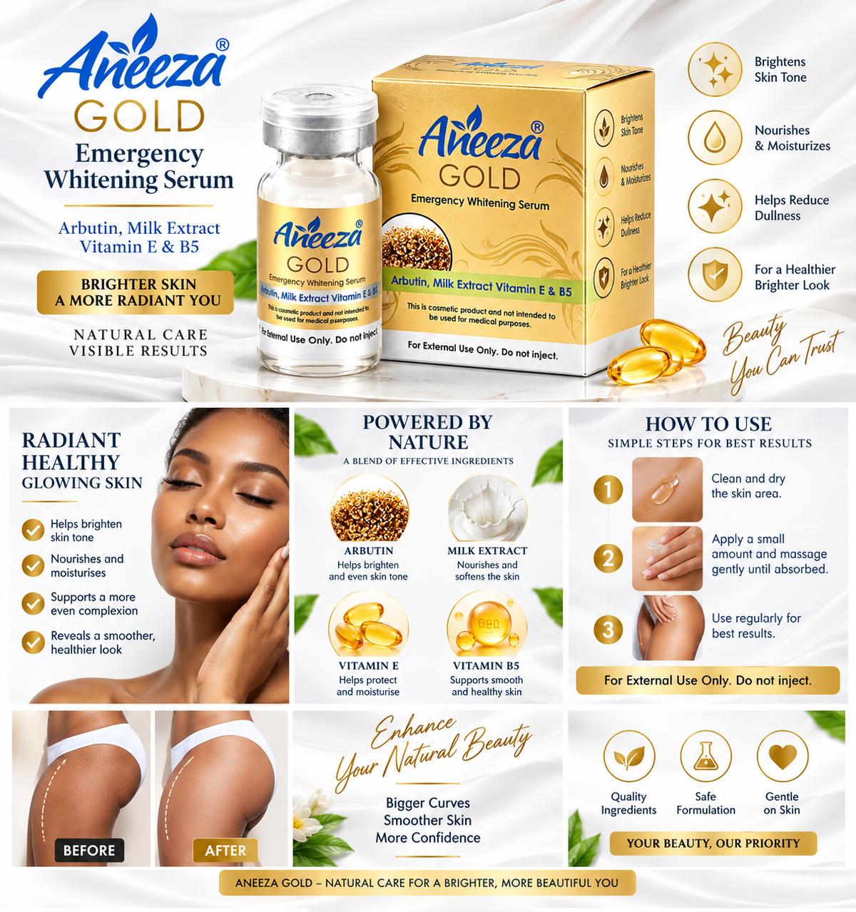 A beauty product advertisement for Aneeza Gold Emergency Whitening Serum, showing a bottle and box of the serum alongside before-and-after skin results on a model. The ad features multiple text panels detailing the benefits and usage instructions.