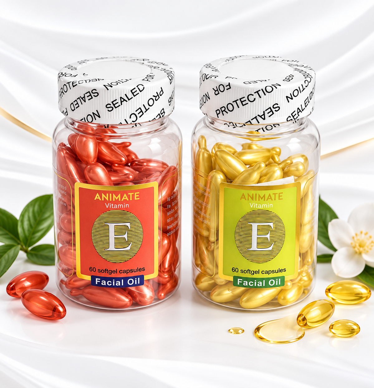 Two clear supplement bottles filled with softgel capsules, labeled 'Animate Vitamin E Facial Oil,' shown on a white draped background with decorative leaves and flowers. One bottle contains red-orange capsules and the other contains gold capsules.