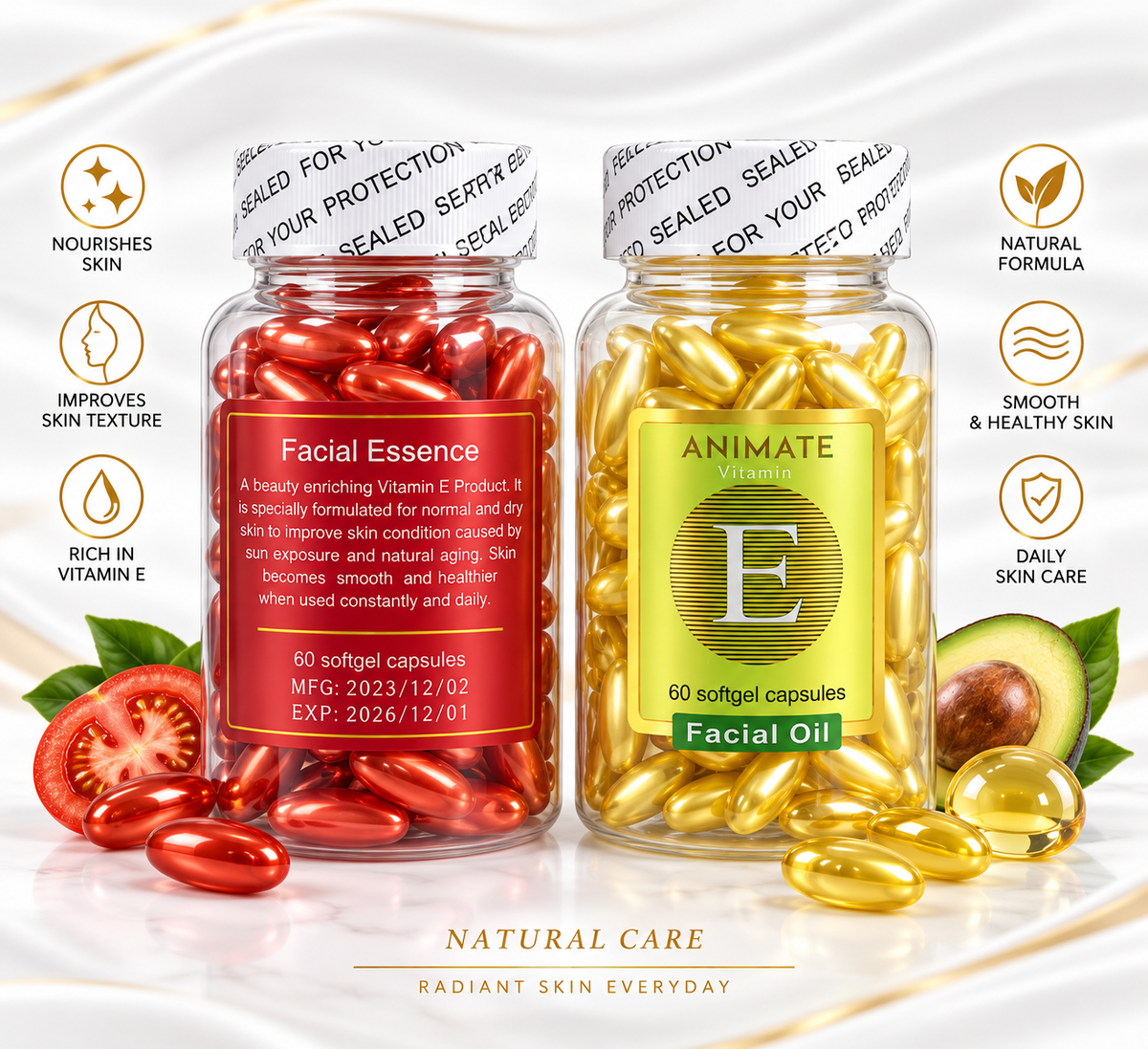 Two supplement bottles labeled 'Facial Essence' and 'Animate Vitamin Facial Oil' with gold and red softgel capsules, surrounded by fresh tomato, avocado, and olive slices on a white marble surface with decorative text callouts.