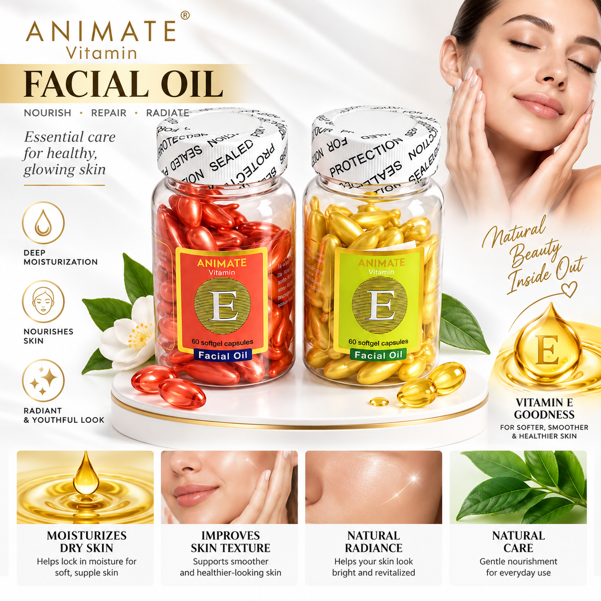 Two glass bottles of Animate Vitamin E Facial Oil capsules, one filled with red capsules and the other with gold capsules, displayed on a white background with a woman's face on the right and product benefits at the bottom.