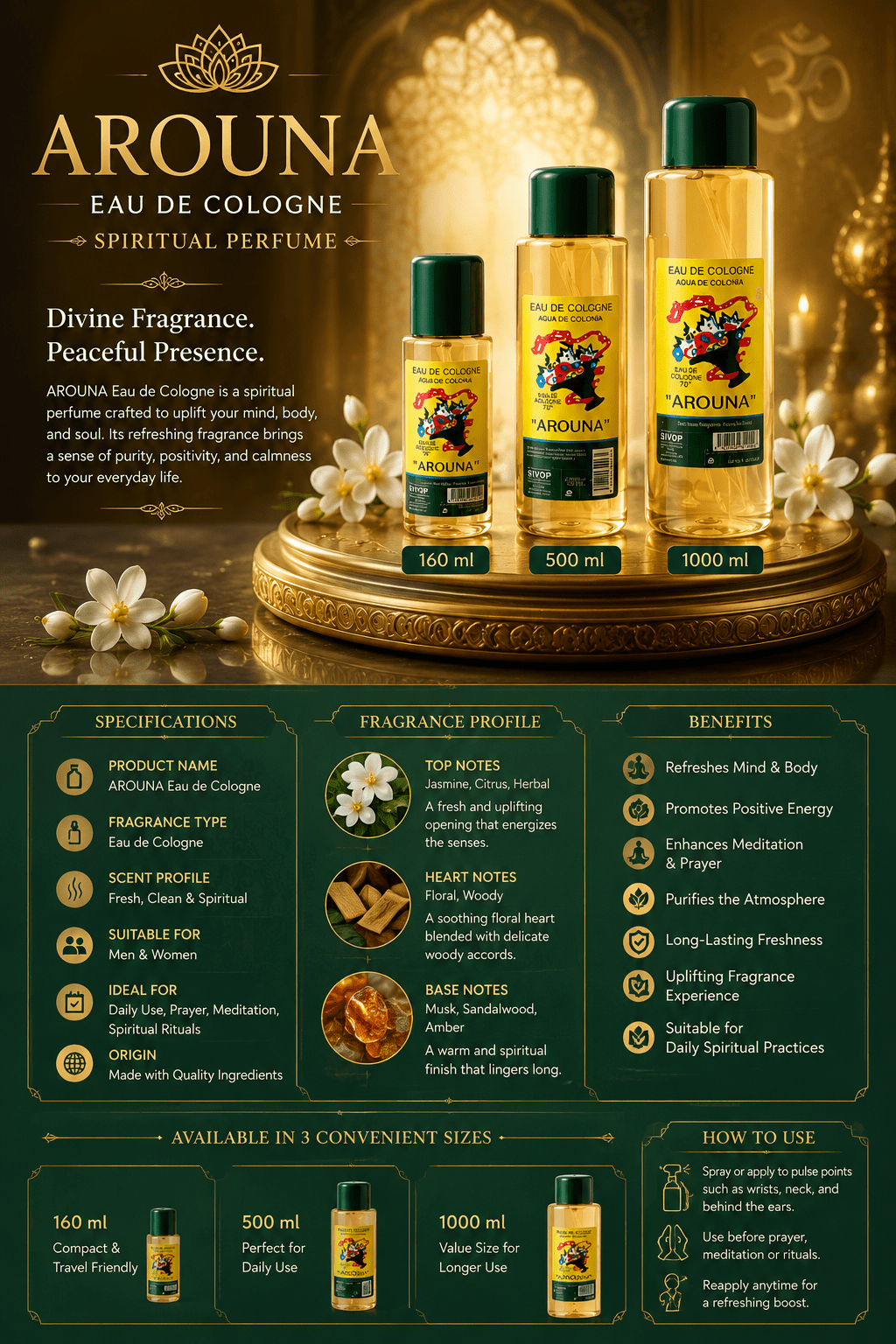 Arouna Eau De Cologne Spiritual Perfume | 1000ml, 500ml & 160ml | Divine Spiritual Perfume - Perfume - Cherubim Aura