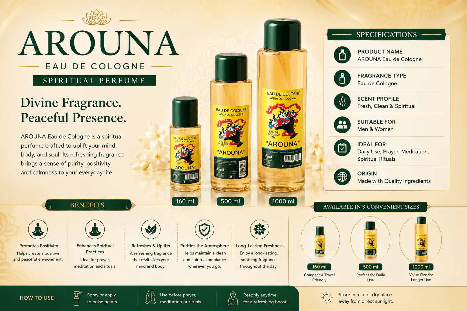 Arouna Eau De Cologne Spiritual Perfume | 1000ml, 500ml & 160ml | Divine Spiritual Perfume - Perfume - Cherubim Aura