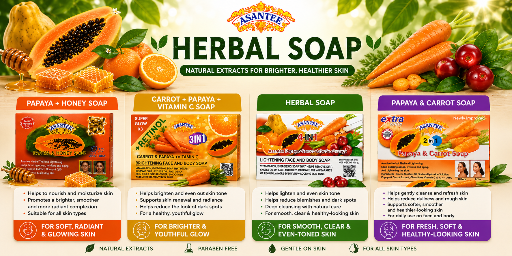 Asantee Herbal Brightening Soap – Papaya, Carrot, Honey & Arbutin Face & Body Cleansing Bar – 4 Variants - Skincare - Cherubim Aura