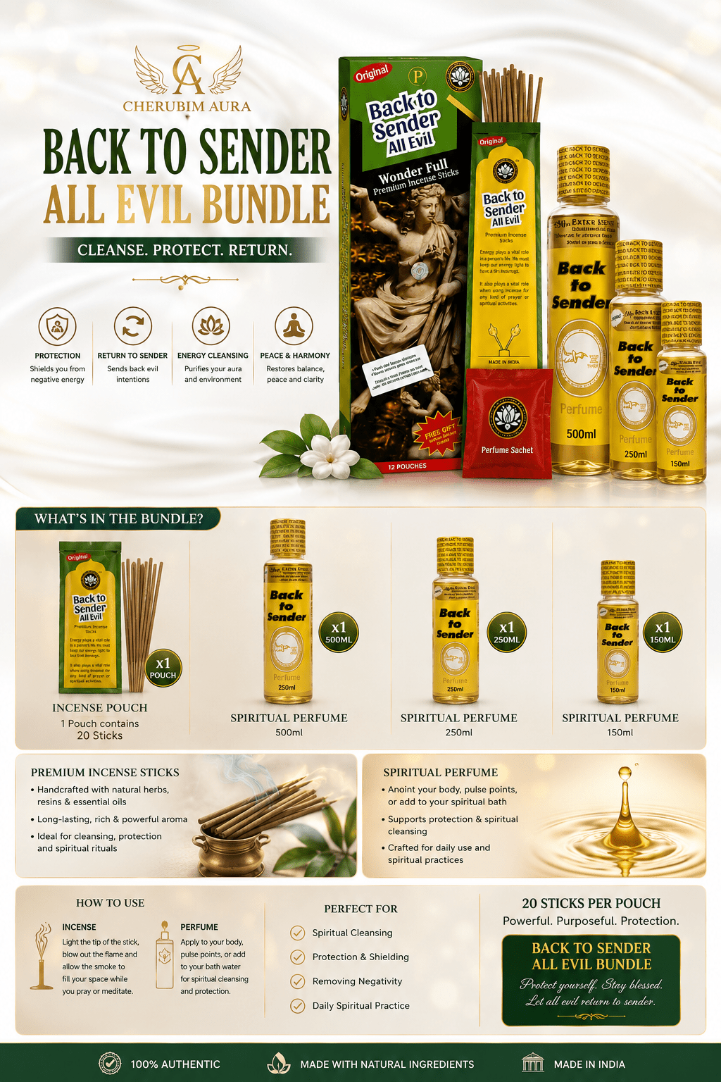 Back to Sender Spiritual Perfume & Premium Incense Bundle | 500ml, 250ml & 150ml Spiritual Fragrance Collection with Premium Incense Sticks - Bundle - Cherubim Aura