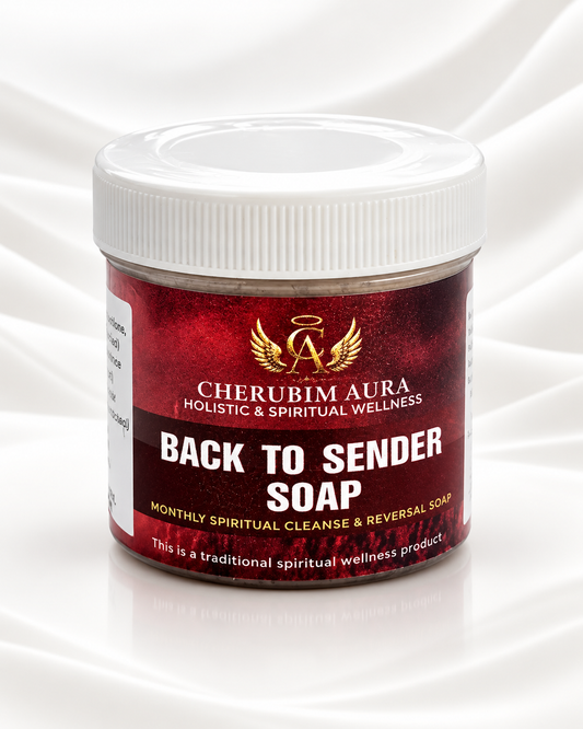 A jar of Cherubim Aura Back to Sender Soap on a white satin background. The product is in a clear plastic jar with a white screw-on lid and a red label featuring gold and white text.