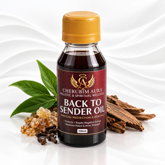 A 100ml bottle of Cherubim Aura Back to Sender Oil, featuring a gold cap and a dark red label, styled with green leaves, amber resin, and cinnamon sticks on a white background with soft wave patterns.