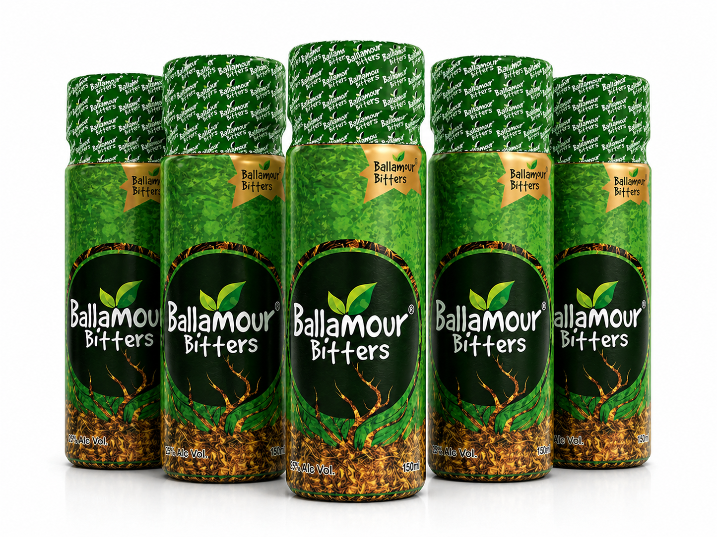 50ml bottles of Ballamour Bitters herbal tonic with green safety-sealed caps and labels depicting traditional roots, designed for digestive health and vitality.