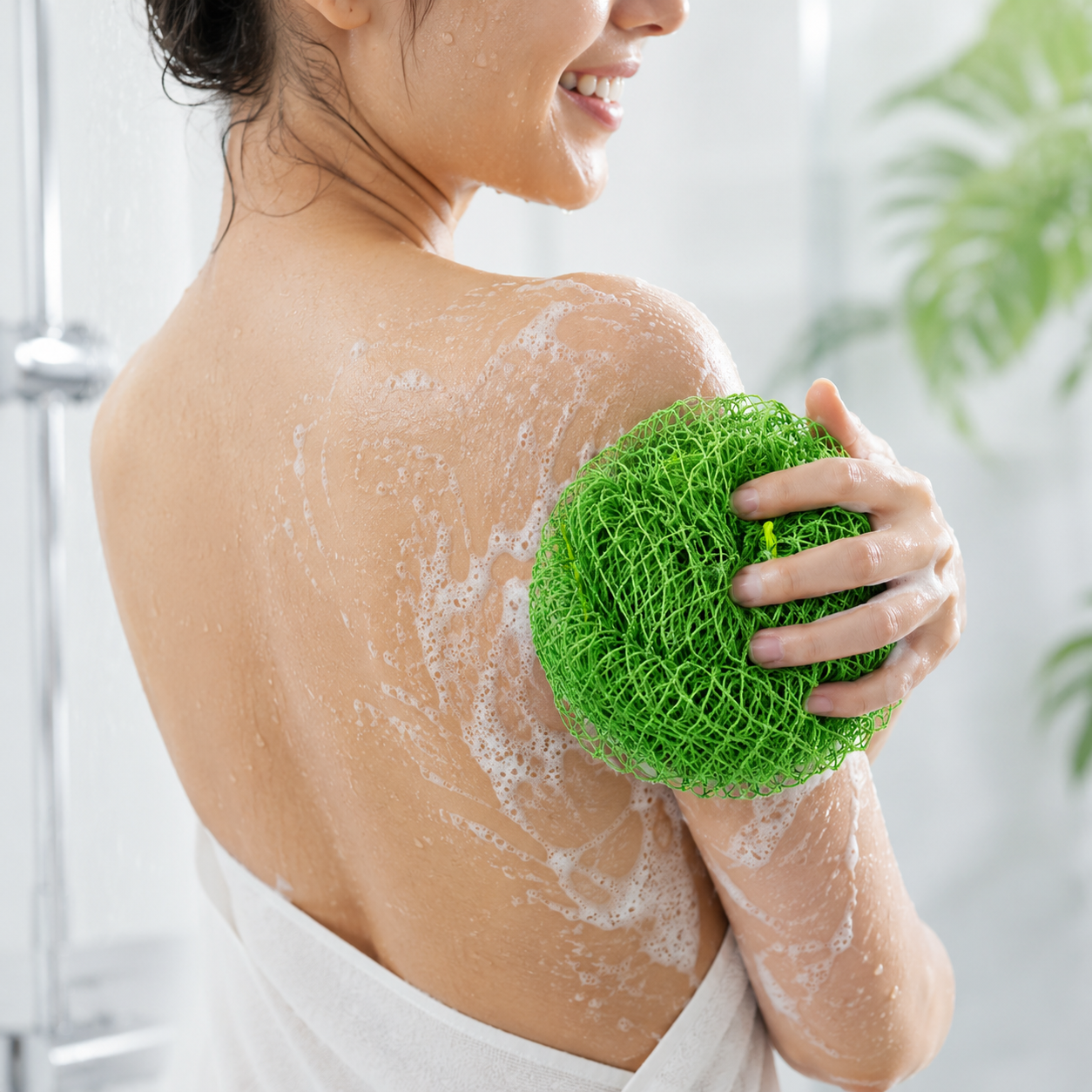 A woman in a shower holding a bright green textured bath sponge against her shoulder, with white foam visible on her skin and a white towel wrapped around her lower back.
