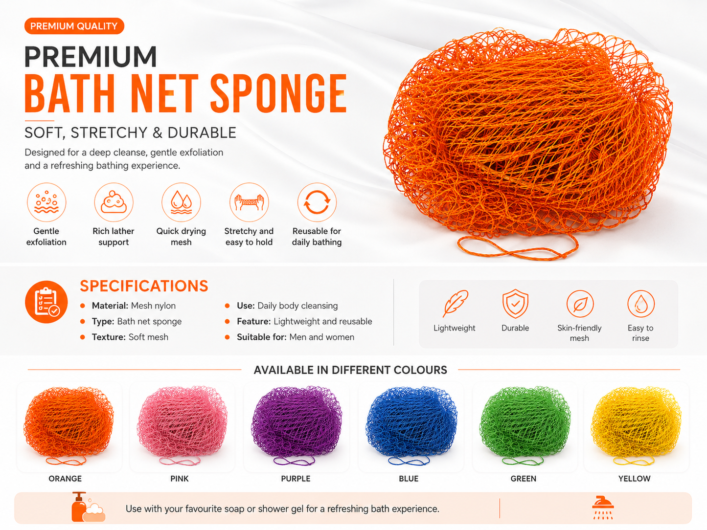 An infographic banner for a premium bath net sponge, featuring a large orange mesh bath net on the right, product features and specifications on the left, and six color options (orange, pink, purple, blue, green, yellow) at the bottom.