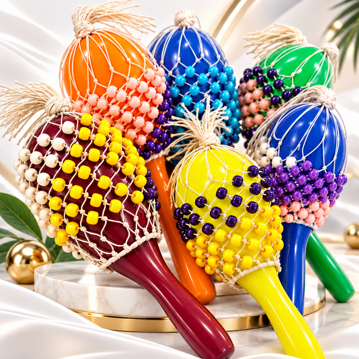 A set of colorful maracas decorated with bead netting and raffia tops, arranged on a white marble pedestal with draped satin fabric and gold accents in the background.