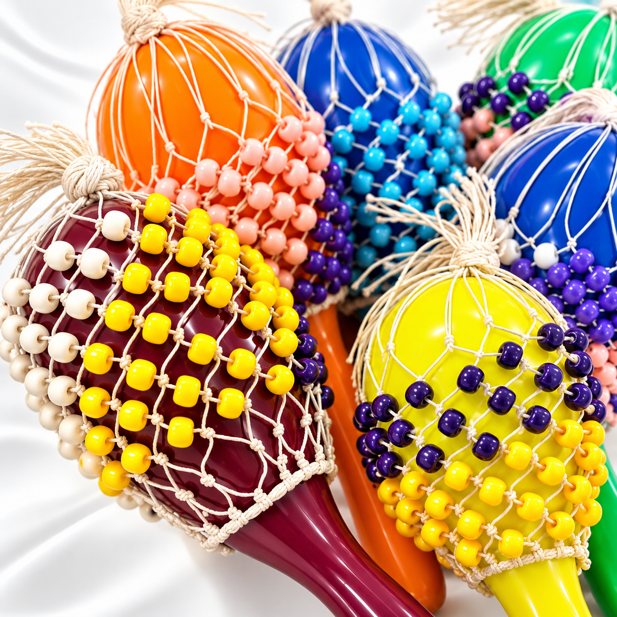 A close-up of several colorful hand-held maracas decorated with bead nets and rows of round beads in bright yellow, blue, purple, orange, pink, green, and maroon, arranged on a white fabric background.