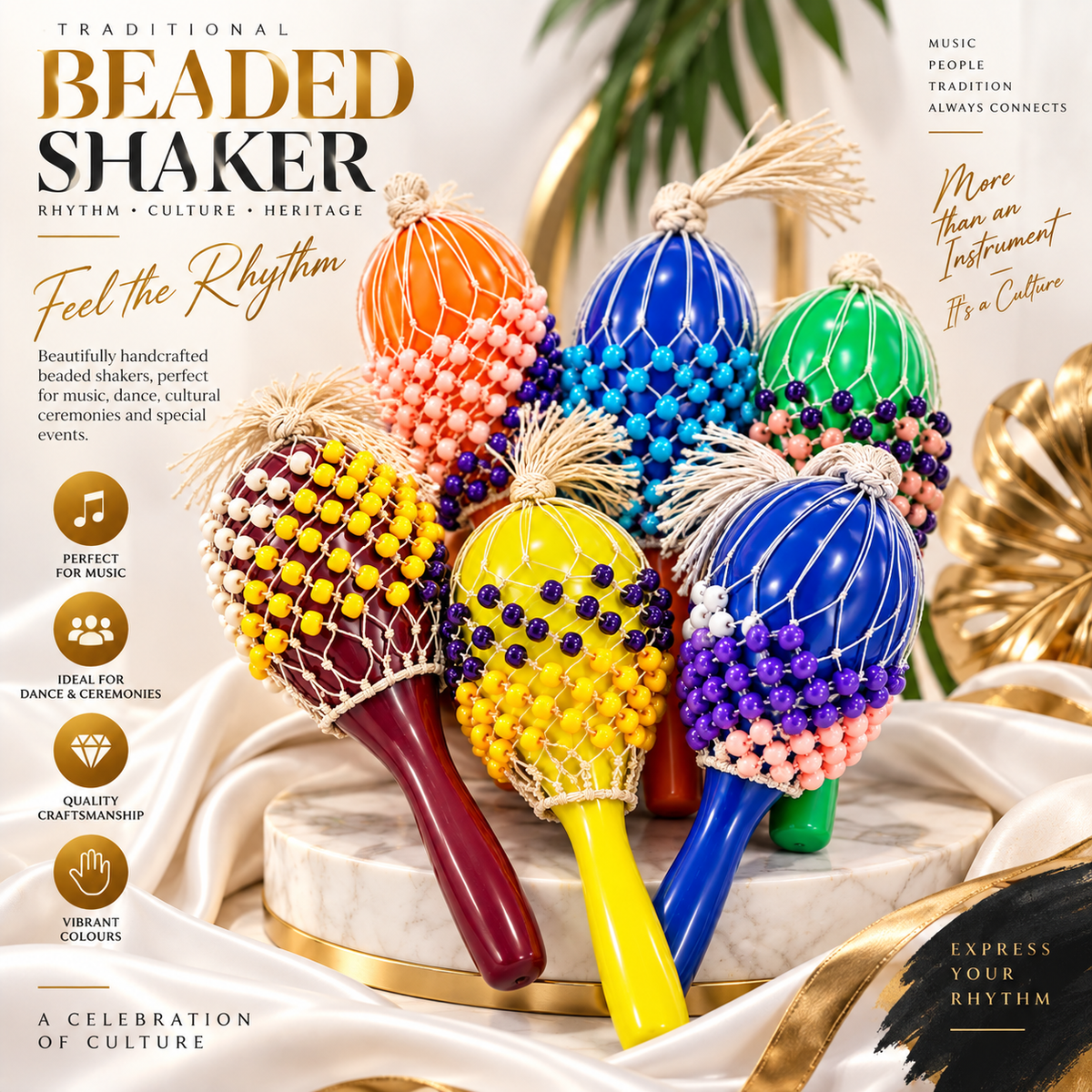 A set of colorful traditional beaded shakers arranged on draped satin fabric with gold decorative elements. The shakers have bright painted bodies in orange, blue, green, yellow, purple, and red, covered with white netting and decorated with rows of beads.