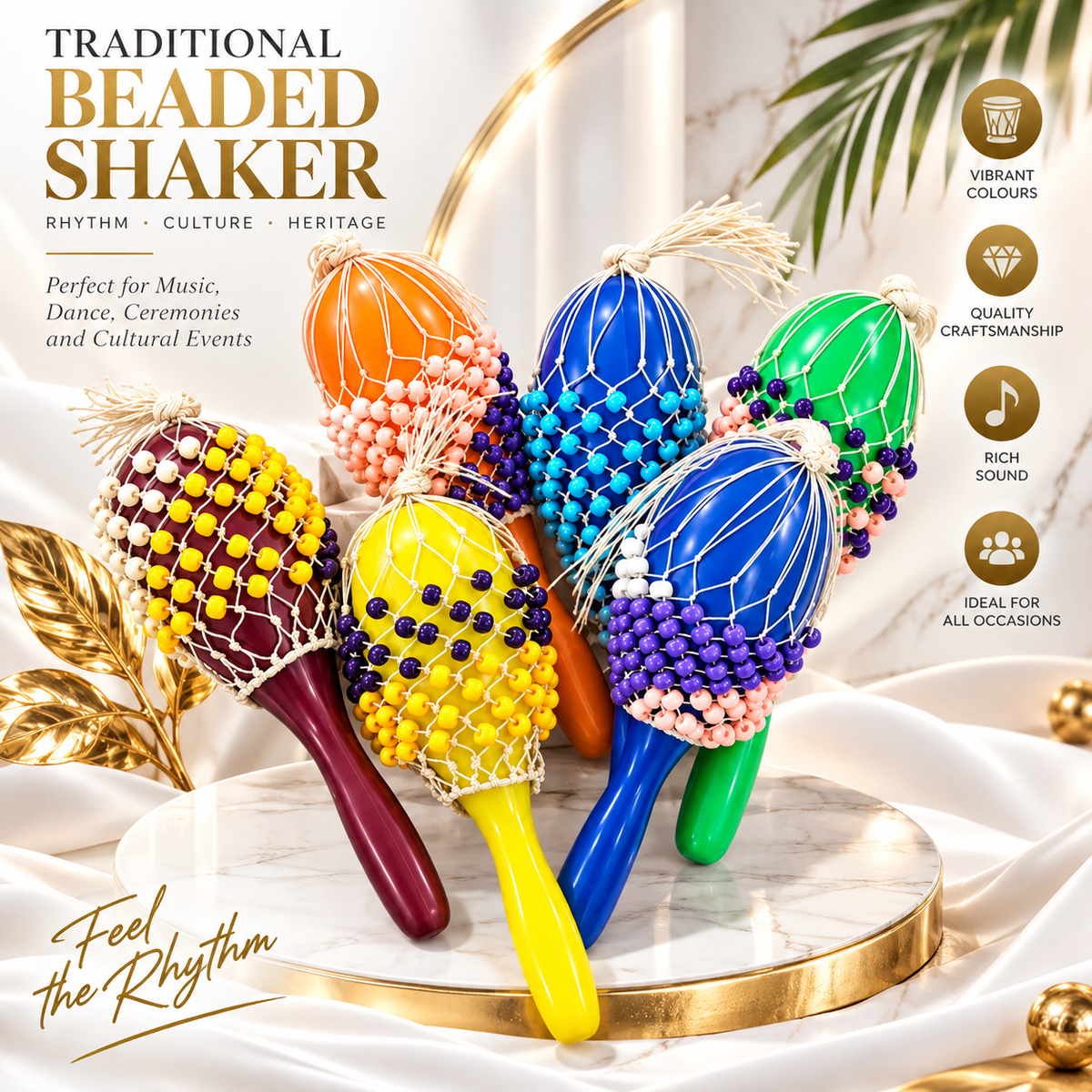Six colorful traditional beaded shakers arranged on a marble pedestal with gold trim, set against a decorated festive backdrop with text and feature callouts on the right.