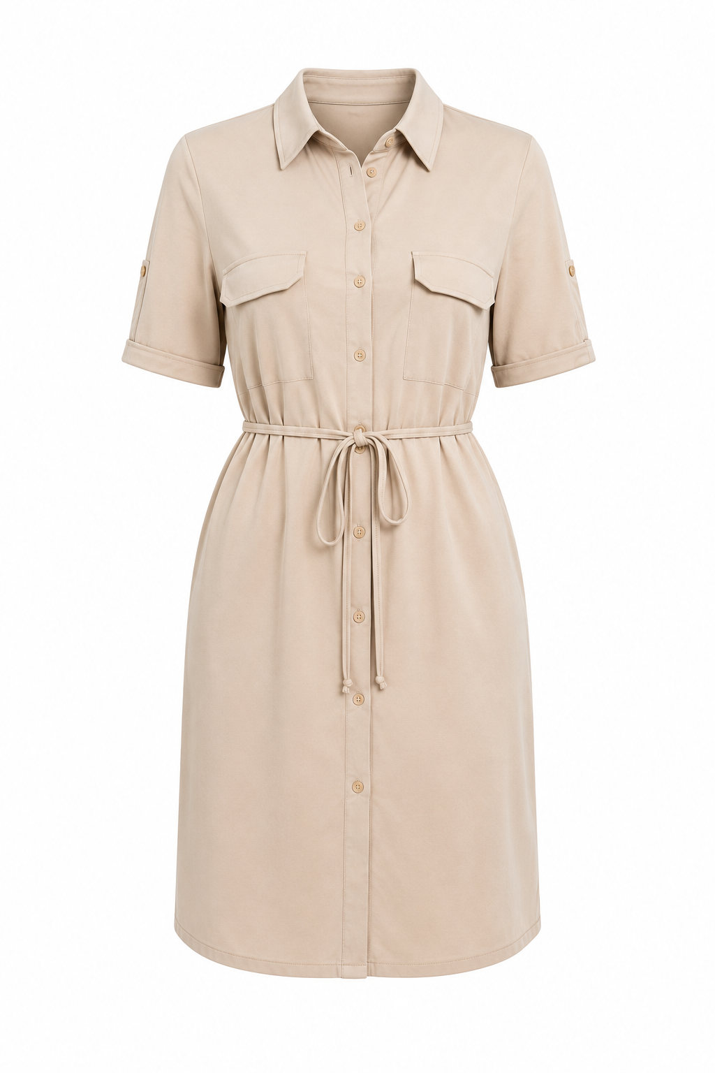 A beige short-sleeve shirt dress with a button-down front, collar, chest flap pockets, and a drawstring tie at the waist, shown on a plain white background.