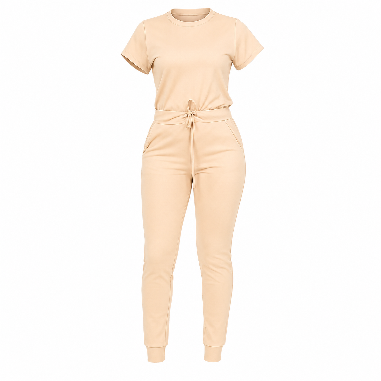 A light beige two-piece loungewear set consisting of a short-sleeve crewneck t-shirt and matching jogger pants with a drawstring waist, shown on a plain white background.