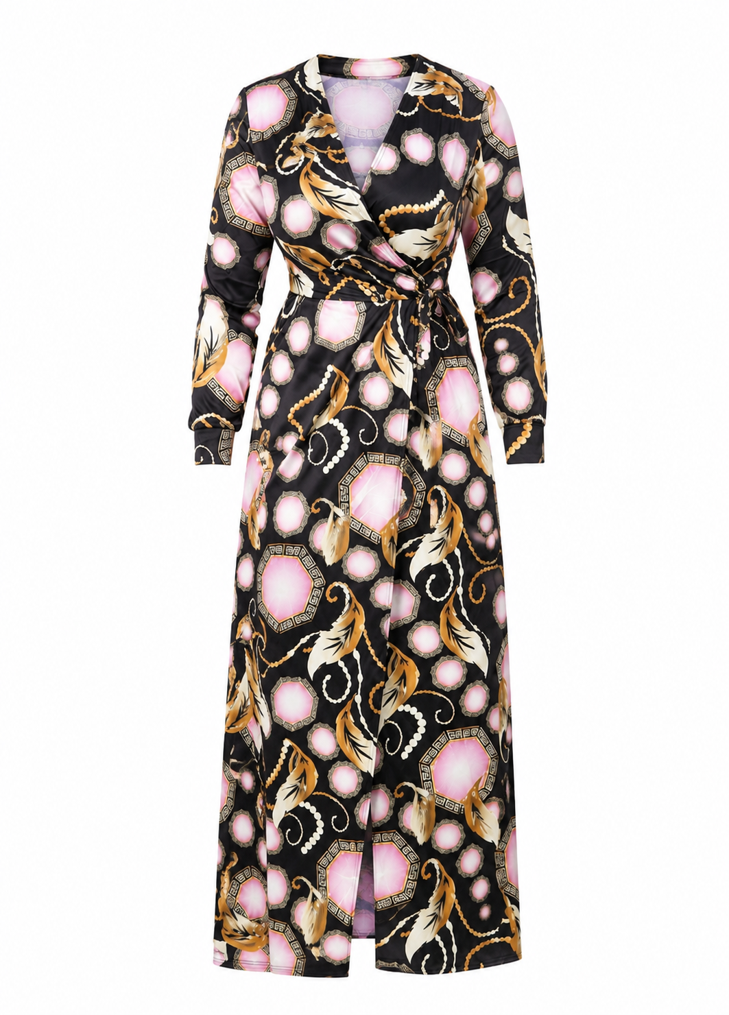 A long-sleeve wrap maxi dress with a black base and an intricate pattern of pink circles, gold and white snakes, and black-and-white snakes, shown against a plain white background.
